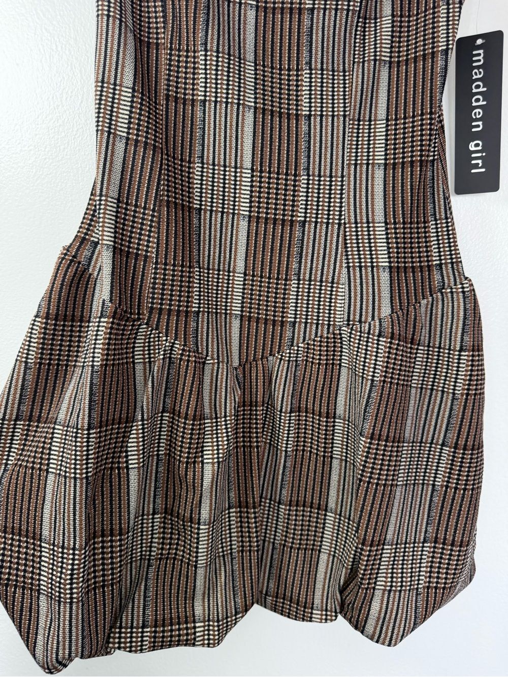 Madden Girl Womens M Brown Plaid Strapless Mini Dress Drop Waist Ruffle NWT - Picture 4 of 6